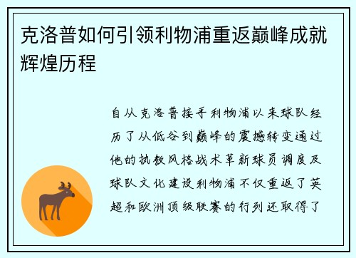 克洛普如何引领利物浦重返巅峰成就辉煌历程